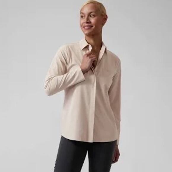 Athleta Urbanite Beige Long Sleeve Button Down Stretch Breathable Womens L - Picture 2 of 11